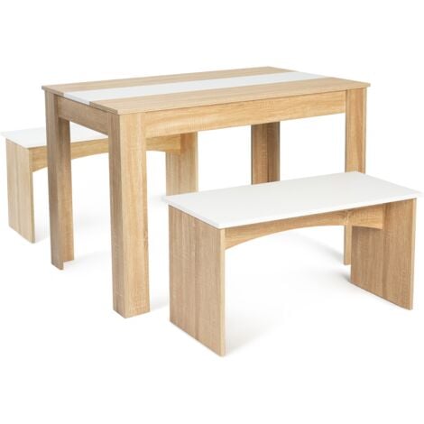 Set di tavolo da pranzo e 2 panche ROZY per 4 persone, finitura faggio e bianco 110 cm