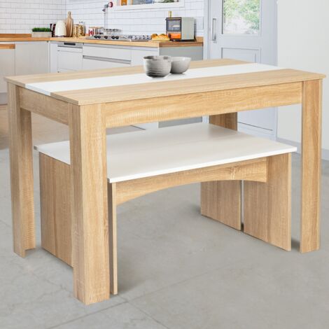 Set di tavolo da pranzo e 2 panche ROZY per 4 persone, finitura faggio e bianco 110 cm