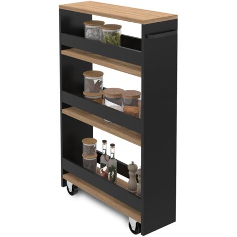 Carro de cocina especiero negro y madera con ruedas