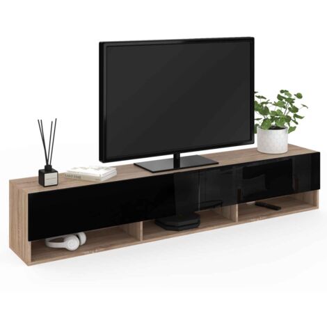 Mueble TV suspendido ELIO con estante de 2 puertas en madera y negro 180 cm