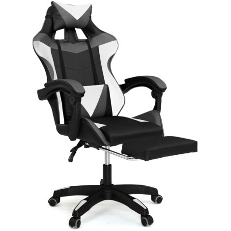 Silla de juego ALEX regulable con reposapiés, reposacabezas y cojines lumbares en negro, blanco y gris