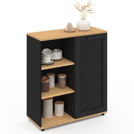 Aparador VITO de 3 estantes con armario negro y tapa de madera de 70 cm