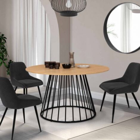 YUNA Tavolo da pranzo rotondo per 6 persone con piano in legno e gamba in filo metallico nero 110 cm