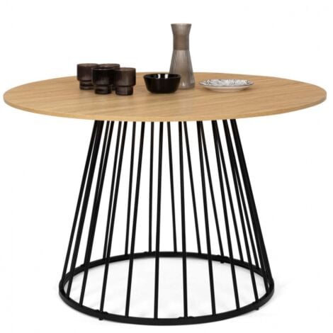 YUNA Tavolo da pranzo rotondo per 6 persone con piano in legno e gamba in filo metallico nero 110 cm