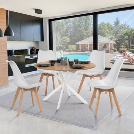Tavolo da pranzo rotondo ALIX, legno e gambe a ragno bianche, 4-6 persone, 110 cm