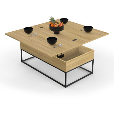Mesa de centro multifunción con 2 tableros abatibles DETROIT, 1 de ellos convertible en mesa de comedor