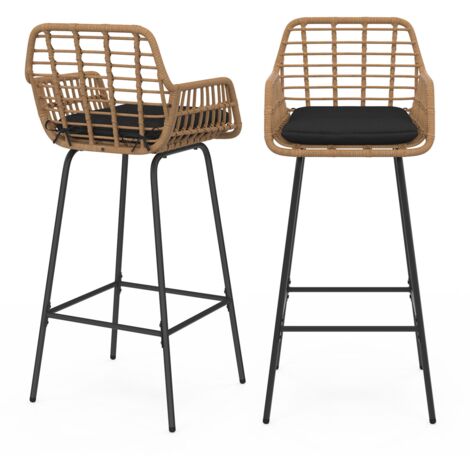 Set di 2 sgabelli da bar SUMMER con braccioli effetto rattan beige e gambe in metallo nero