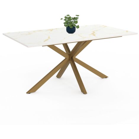 ALIX Tavolo da pranzo rettangolare per 8 persone con gamba a ragno in ottone e piano effetto marmo bianco ALASKA 160 cm