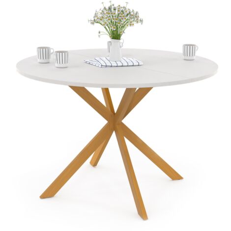 Tavolo da pranzo rotondo GISELE per 6 persone, gamba a ragno in legno, piano bianco 110 cm