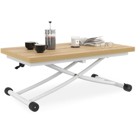 Mesa de centro URBANA, convertible en mesa de comedor, con tablero de madera de haya y base blanca