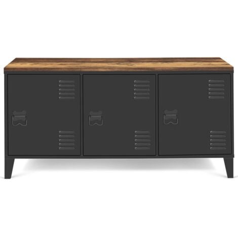 Credenza bassa ESTER 113 cm con 3 ante in metallo nero e piano in legno scuro effetto invecchiato HAWKINS design industriale