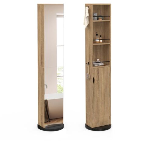 Mueble de baño giratorio con espejo, armario y estantes en haya y negro