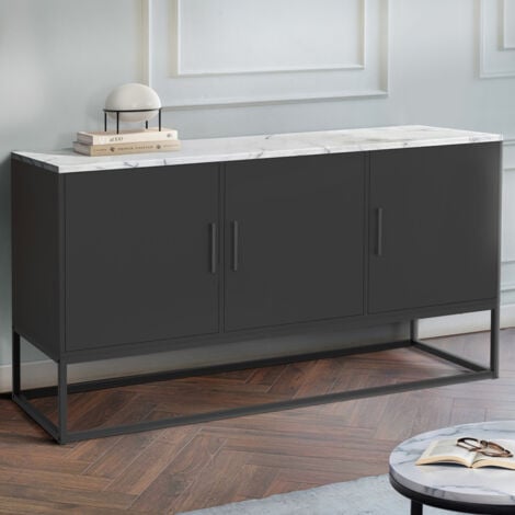 Credenza bassa a 3 ante ALASKA 113 cm, nera, piano effetto marmo bianco