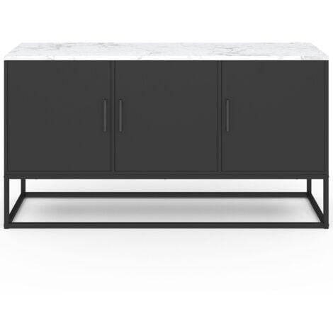 Credenza bassa a 3 ante ALASKA 113 cm, nera, piano effetto marmo bianco