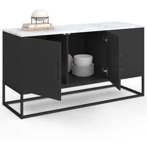Credenza bassa a 3 ante ALASKA 113 cm, nera, piano effetto marmo bianco
