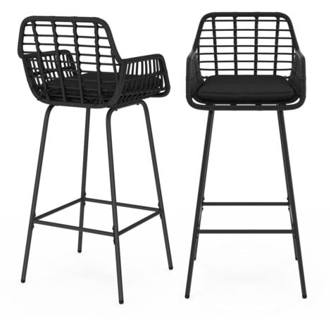 Set di 2 sgabelli da bar SUMMER con braccioli effetto rattan nero e gambe in metallo nero