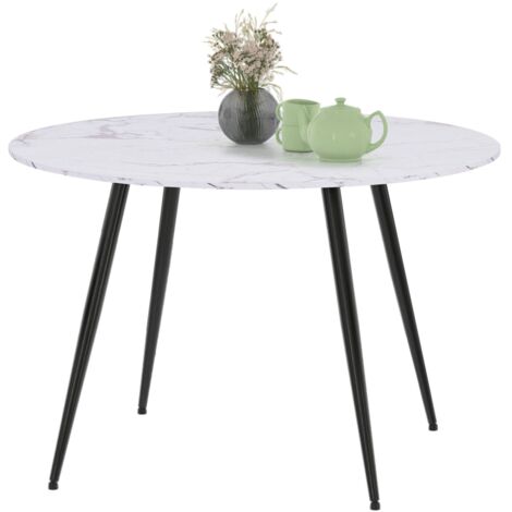 Table à manger ronde AMELIA 4-6 personnes effet marbre blanc ALASKA pieds métal noir 110 cm