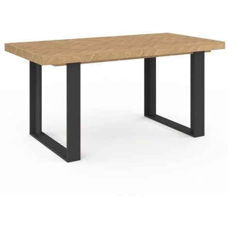 Table à manger extensible rectangle CASSIUS 6-10 personnes effet chevrons et pieds noirs 160-200 cm