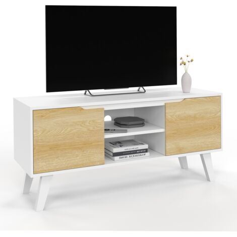 Mobile TV FINN bianco da 110 cm con 2 ante effetto faggio