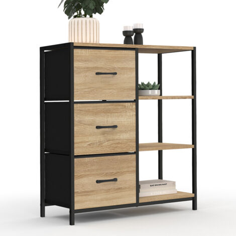 UTAH Aparador de 3 cajones con estantes, diseño industrial, 70 cm