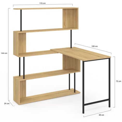 DETROIT Scrivania angolare con libreria girevole a 180°, forma a S, design industriale