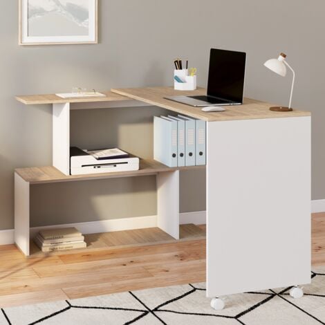 JOY Scrivania angolare girevole a 180° Scaffale a S in legno effetto faggio e bianco
