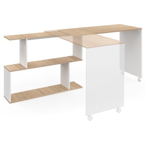 JOY Scrivania angolare girevole a 180° Scaffale a S in legno effetto faggio e bianco