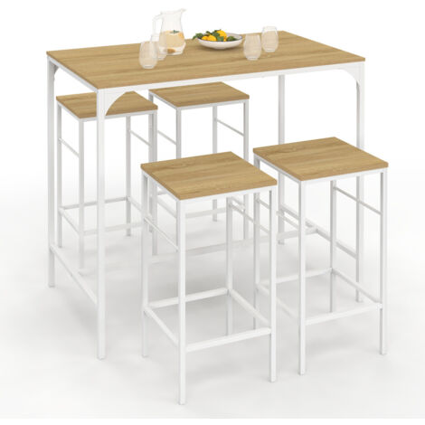 DETROIT Tavolo da bar alto 100 cm e 4 sgabelli, legno e metallo bianco, design industriale