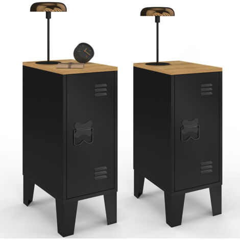 Set di 2 comodini ESTER a 1 anta in metallo nero con piano in faggio in stile industriale