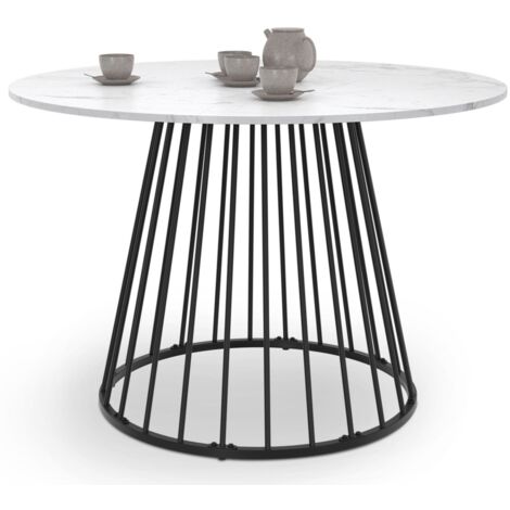 Tavolo da pranzo rotondo YUNA 6 persone con piano in marmo bianco ALASKA e gamba in filo metallico nero 110 cm