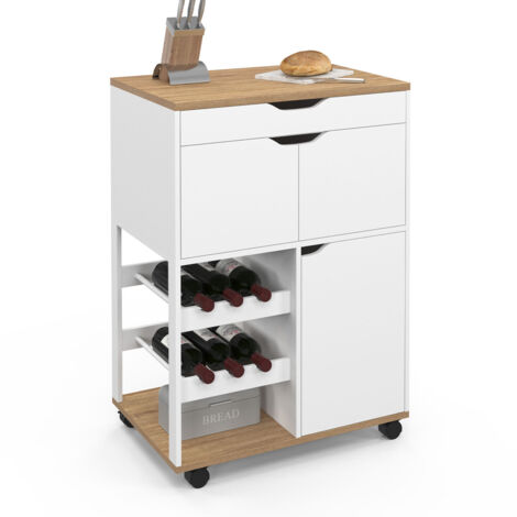 Credenza da cucina COSY con armadietti e portabottiglie in legno e bianco (1/5)
