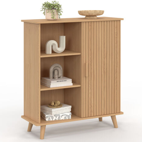 Credenza con 3 ripiani e armadio 70 cm JULIETTE effetto doghe in legno