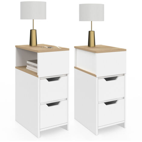 Set di 2 comodini a 2 cassetti ANOUK con nicchia laterale reversibile in bianco e legno (1/5)