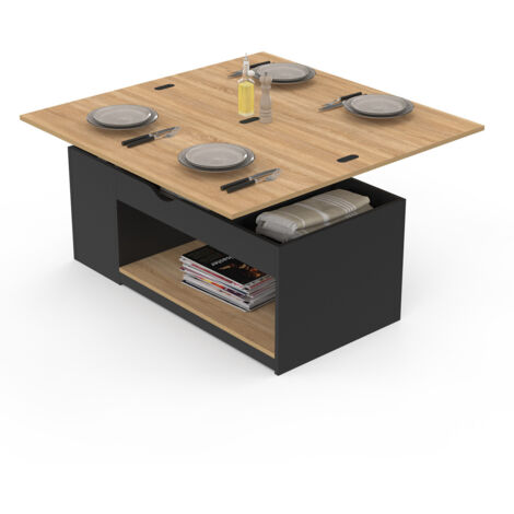 Tavolino rettangolare trasformabile in tavolo da pranzo ELEA in legno nero e impiallacciatura di faggio
