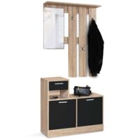 Mobile da ingresso, appendiabiti con specchio, design in legno faggio e ante nero PAULIN