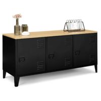 Credenza bassa a 3 ante, metal nero, vassoio in legno, design industriale ESTER