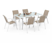 Set di mobili da giardino MADRID tavolo 150 CM e 6 sedie impilabili bianco e beige