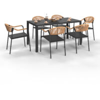Set di mobili da giardino MADEIRA tavolo 150 cm e 6 sedie in corda e textilene nero e rattan chiaro