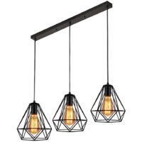 Industrial Pendelleuchte 3 Edison E27 Lampenhalter Kronleuchter Rautenförmiger Leuchte Deckenlampe für Esszimmer Küche Schwarz Rechteckige Basis