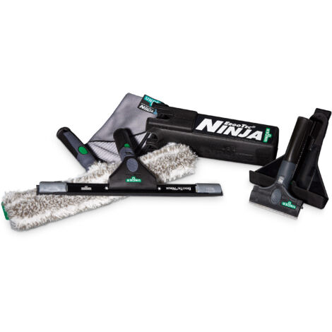 UNGER ErgoTec NINJA set completo per la pulizia delle finestre 6 in 1 (incl. lavatrice, tergivetro, panno in microfibra, raschietto per vetro, fondina, secchio su cintura, per la pulizia professionale