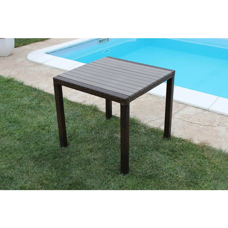 Tavolo quadrato 80x80 cm da esterno giardino con struttura in alluminio  rivestito in wicker con piano effetto doghe Maiorca