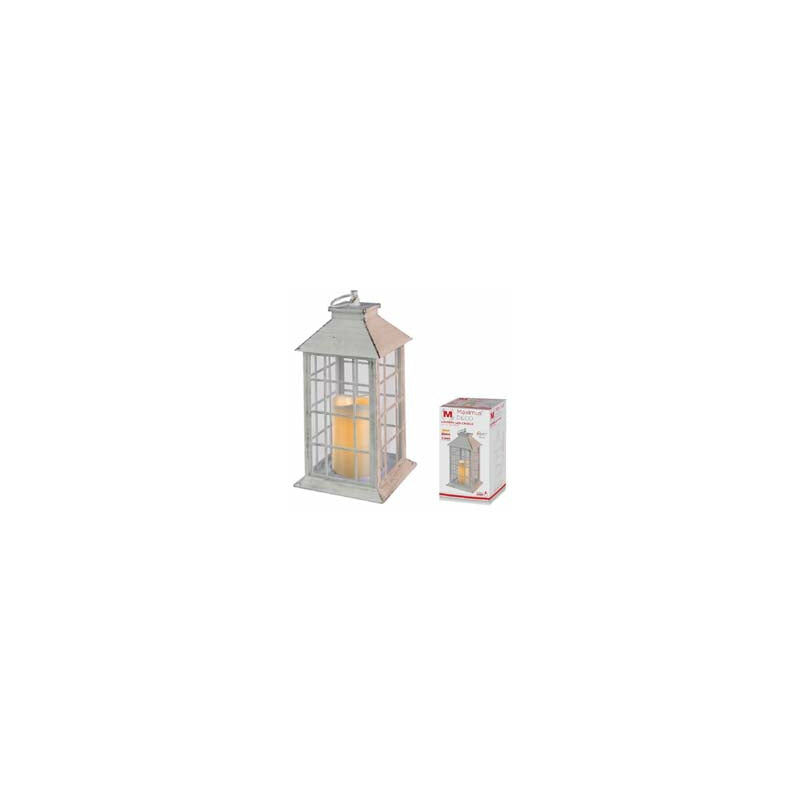 Lanterna Quadra Quadrettata Con Candela Led - 2700°K - cm.14x14x30h. - colore bianco antico