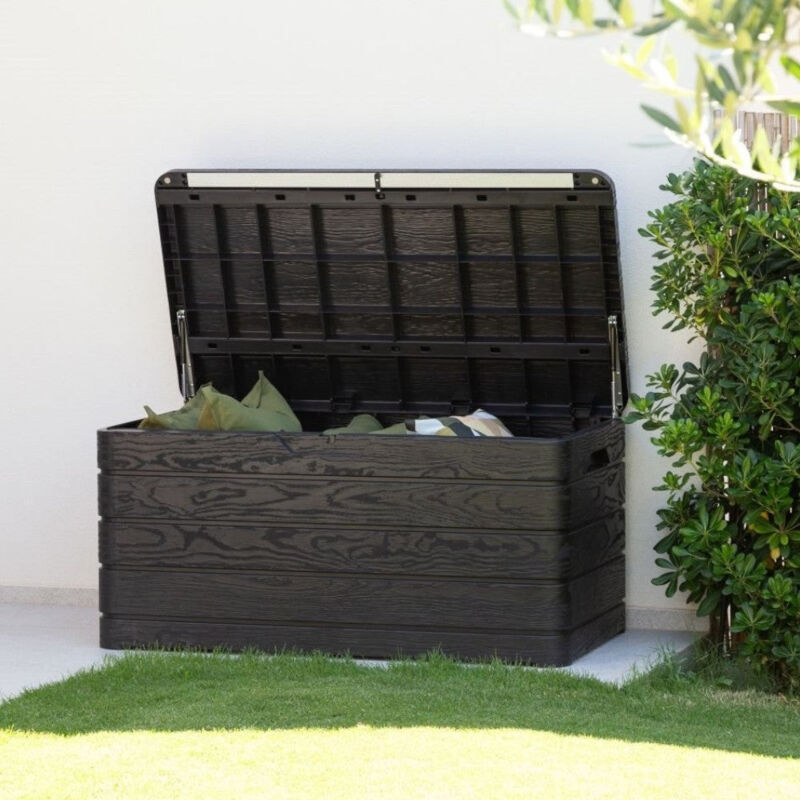 Cassapanca Da Esterno In Resina Antracite 340 Litri - Baule Effetto Legno 118x59x57 Cm, Per Giardino E Terrazza