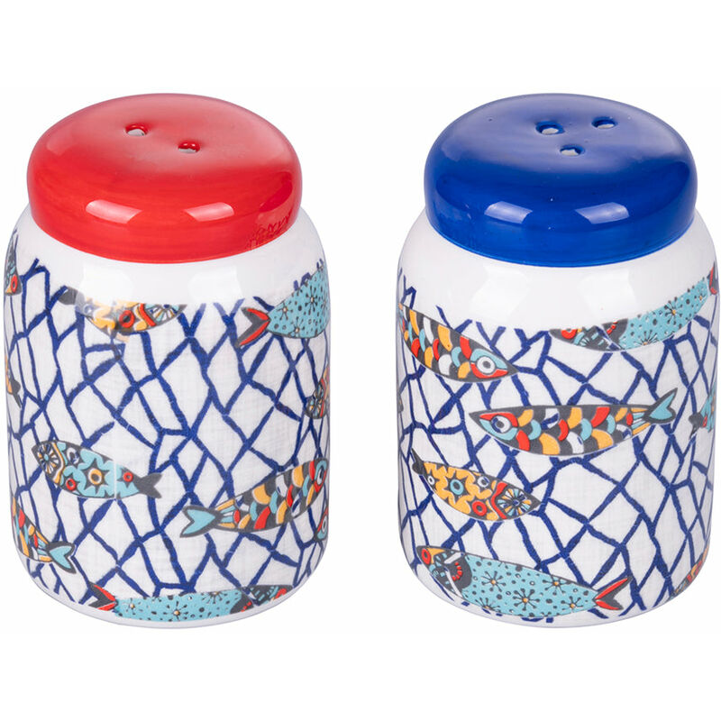 Acetiera oliera dosasale e dosapepe in ceramica decorata con stand in  metallo rosso Los Cabos