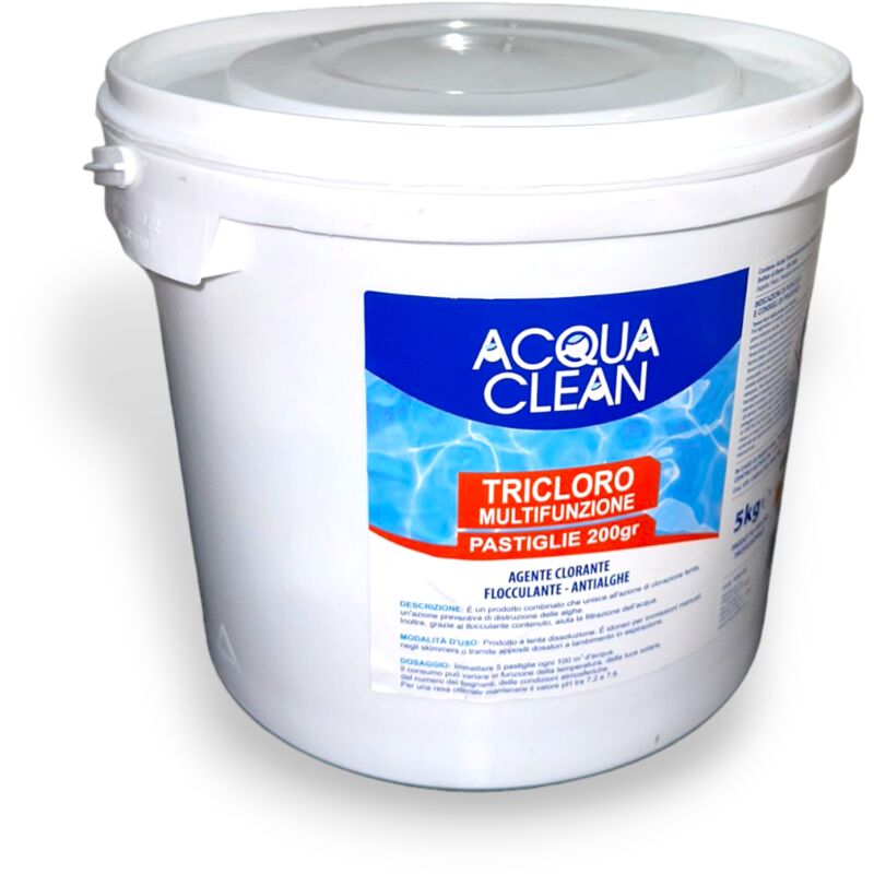 Cloro tricloro multifunzione in pastiglie 200g per piscine Acqua Clean - 10  Kg