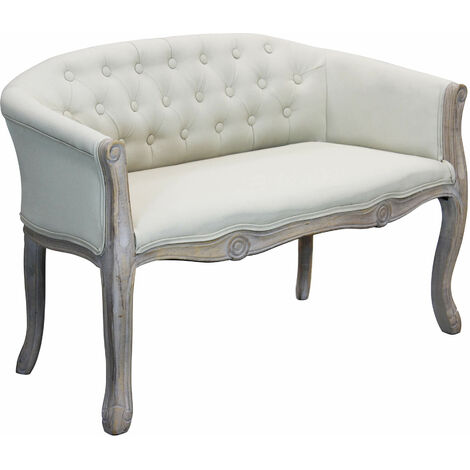 Divano vintage in tessuto beige con struttura in legno decorata Parigino