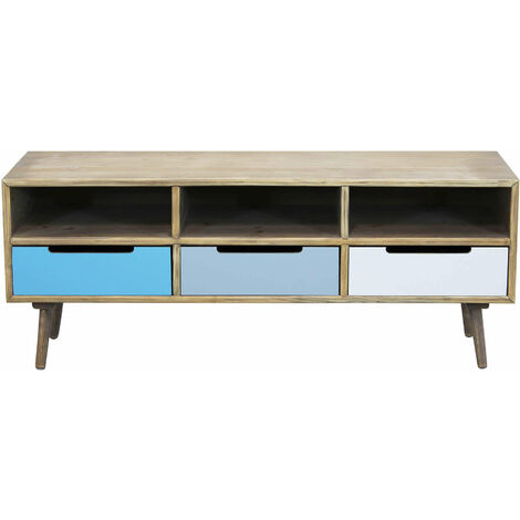 Mobile TV Litake In Legno Stile Vintage Grigio-Nero - 120x30x57 Cm, Con 3 Cassetti In Tessuto E Ripiani, Per TV Fino A 55 Pollici