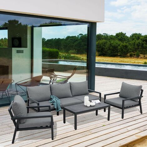 Salotto 5 posti da esterno giardino con struttura in alluminio effetto doghe con cuscini Alcazar -  Black