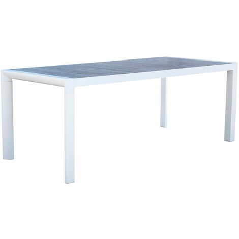 Tavolo lungo rettangolare 195x90 cm da esterno giardino con struttura in alluminio e piano in ceramica effetto legno Iron Woody - White (1/5)