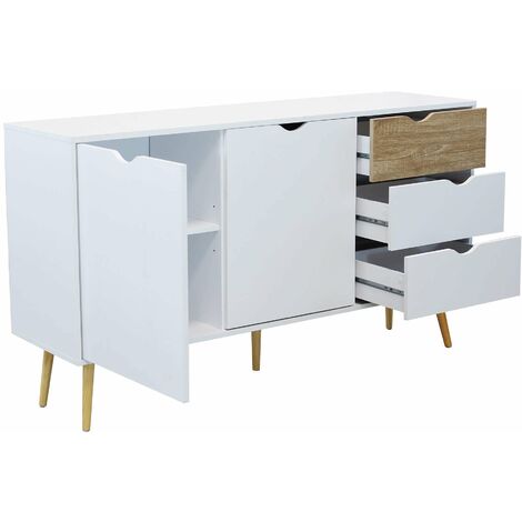 Credenza Madia In Legno Bianco Opaco - 3 Ante E 3 Cassetti, Stile Classico E Moderno, Larghezza 155 Cm